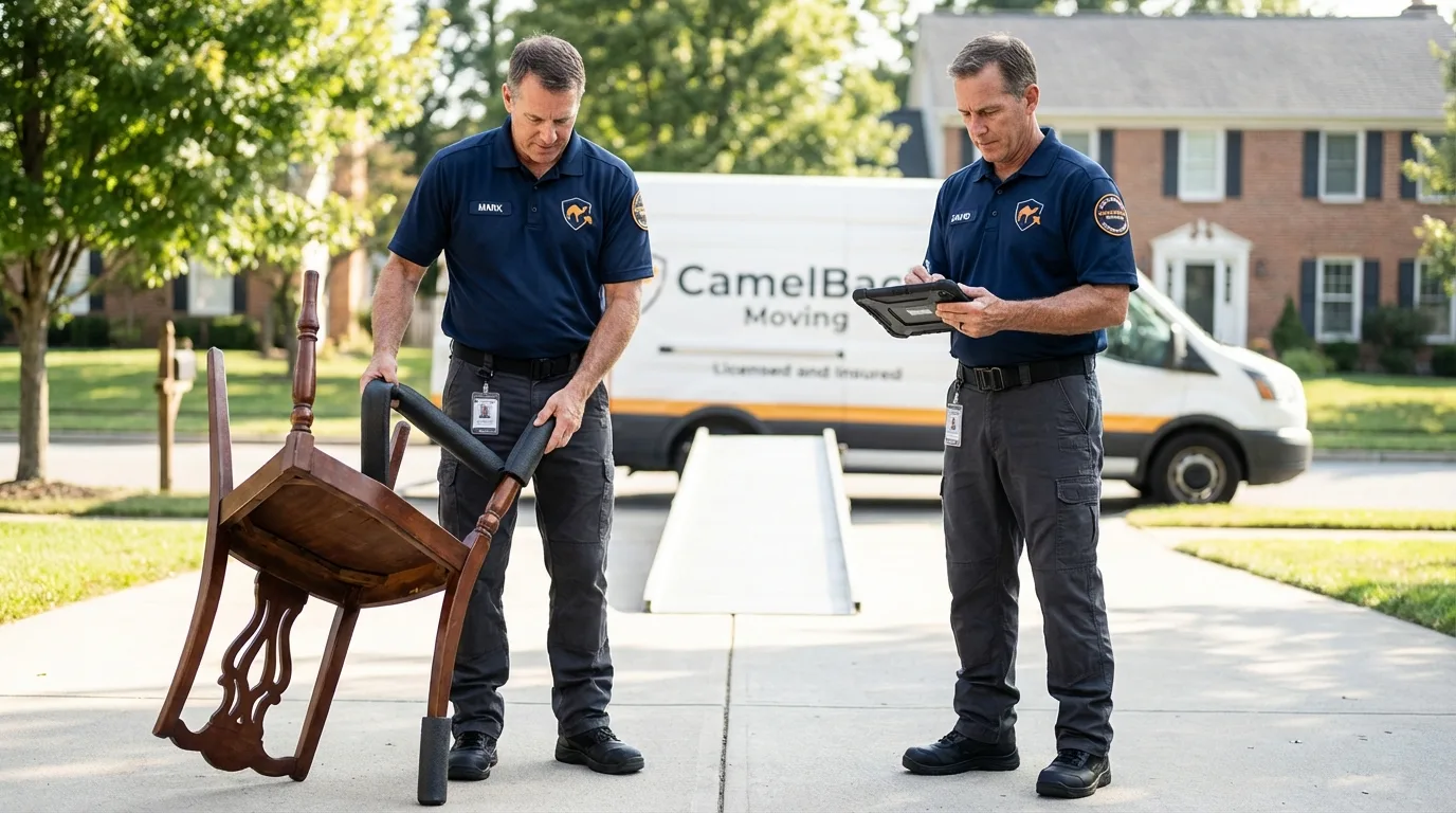 Movers inspecting furniture for damage prevention before loading in Palatka, FL